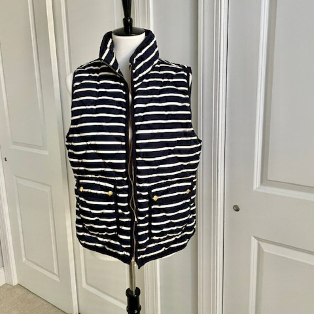 J. Crew Blue White Stripe Women's Puffer Puffy Vest with Pockets Size Large